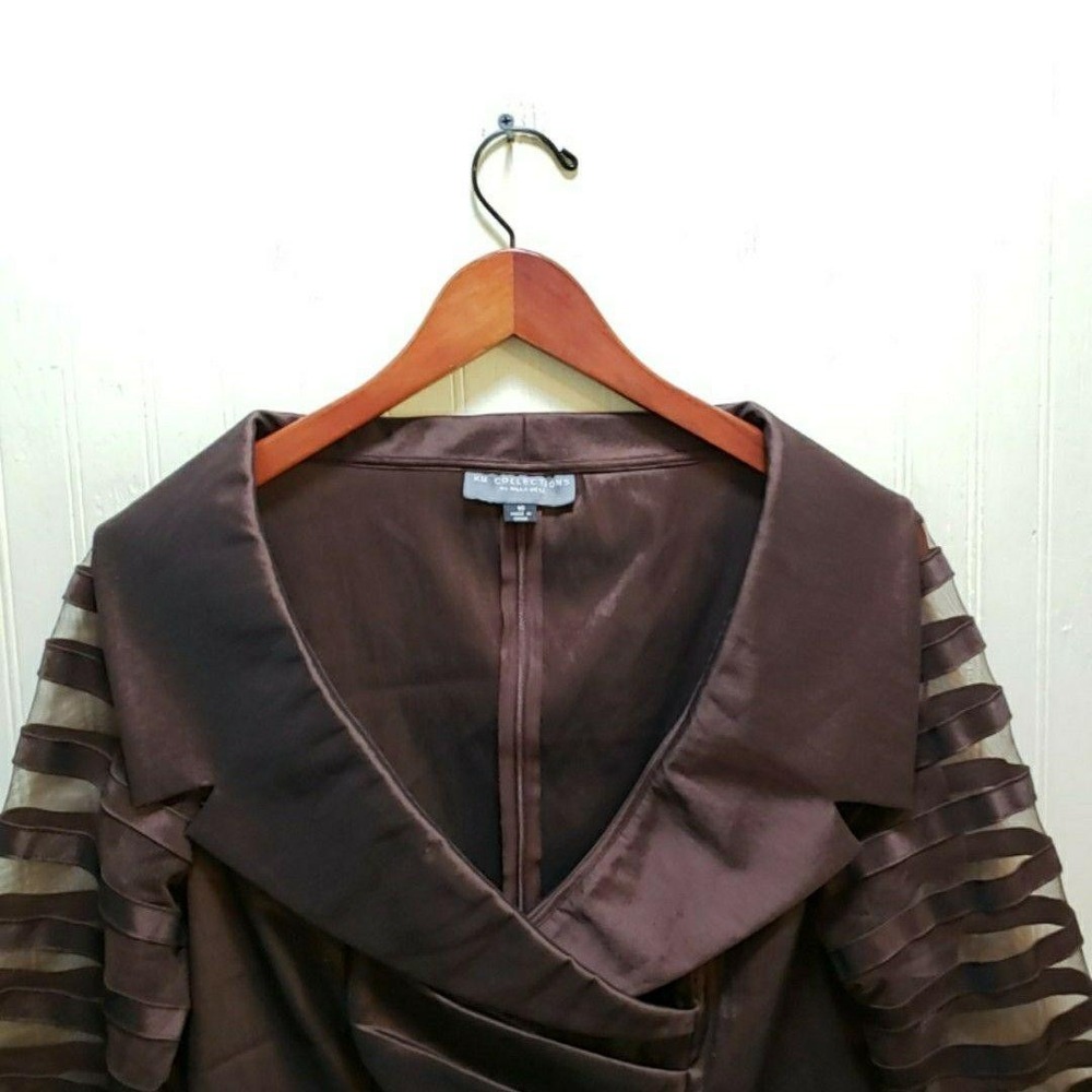 KM Collections Jacket Womens 16 Brown Satin Sheer Stripe Sleeve Zip Formal